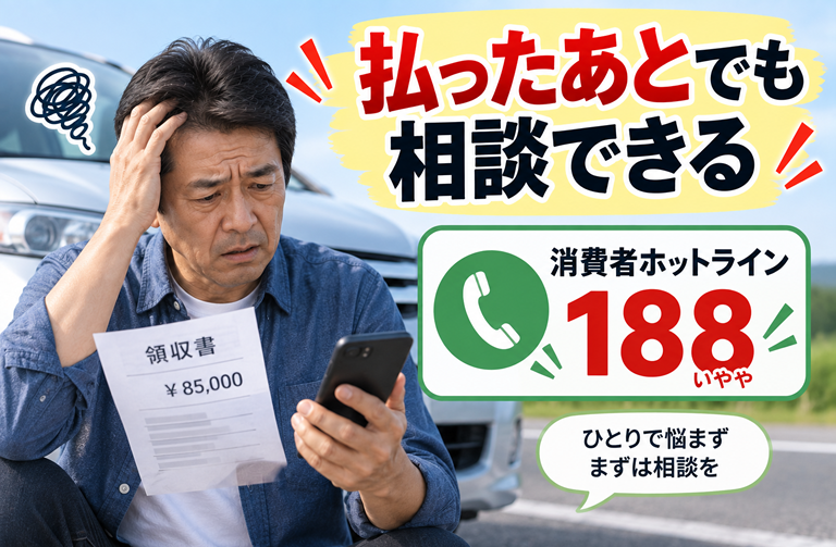 40〜50代男性が、領収書とスマホを手に困っている