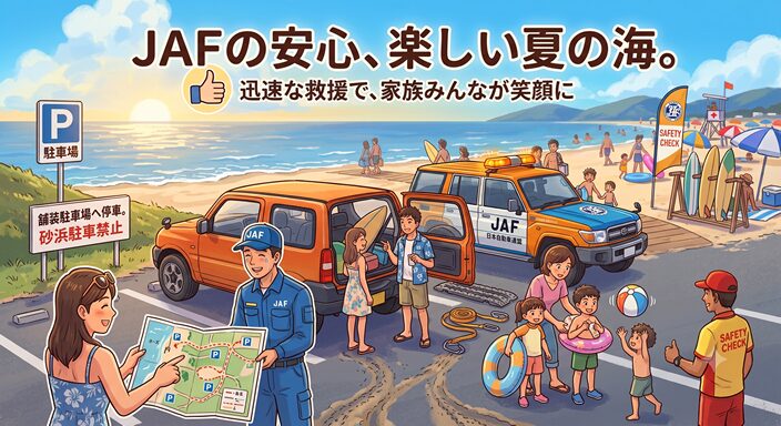 JAFロードサービス車が砂浜近くでスタックした車を安全に救援し、ドライバーが笑顔で感謝している様子