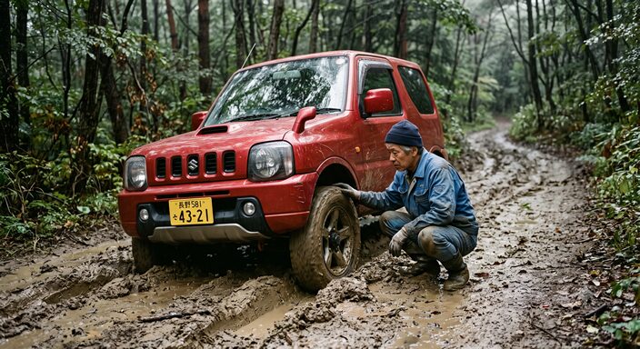 雨上がりの林道で、ぬかるみにタイヤが埋まって動けなくなった軽自動車