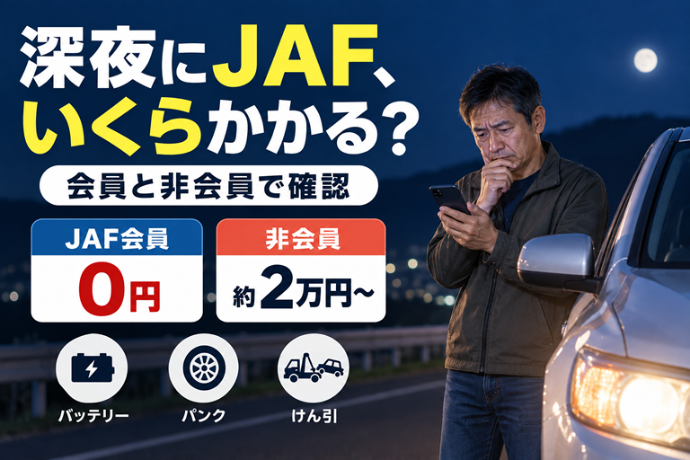 深夜、道路脇に停まった車の横で、40〜50代の男性がスマホを見ながら料金を気にしている