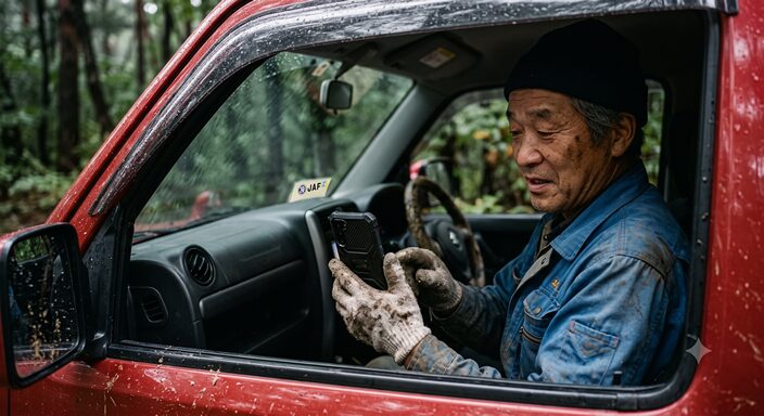 ぬかるみに動けなくなった車の中で、運転席の男性がスマートフォンを手に「JAF」を検索している