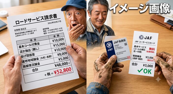 テーブルの上にロードサービスの請求書とJAF会員証が並んでいる