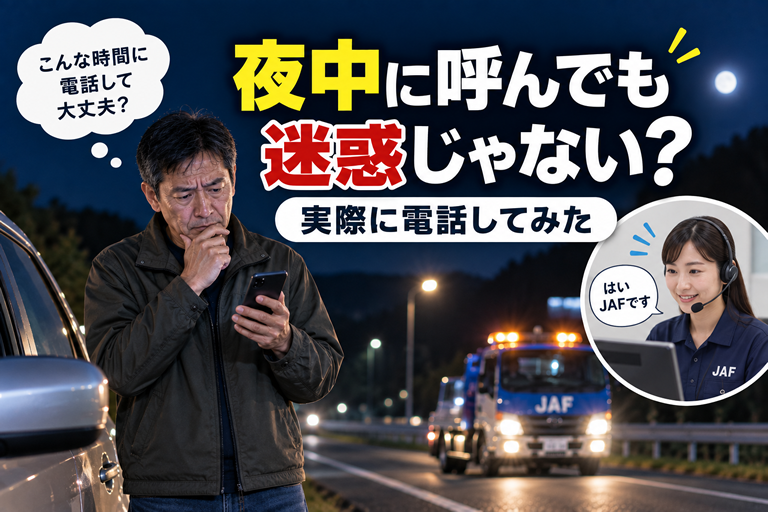 40〜50代の男性が車の横でスマホを持ち、「こんな時間に電話して大丈夫？」
と少しためらっている