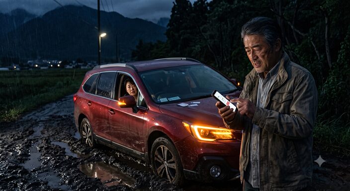 街灯の少ない夜道で、ぬかるみにハマった車のハザードランプだけが光っている