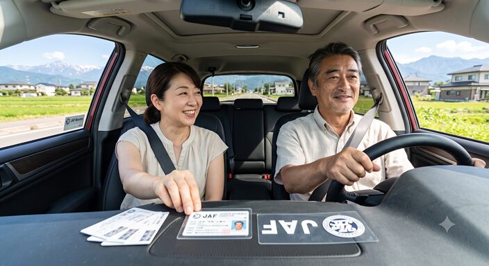 晴れた日に郊外の道路を安心した表情で運転する50代の夫婦