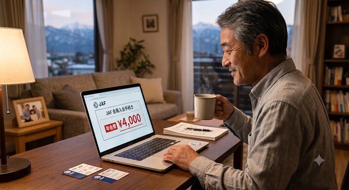 自宅のリビングで、パソコンを使ってJAFへの入会手続きをしている50代の男性。