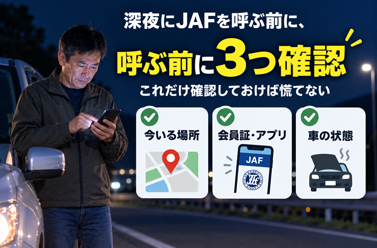 深夜、車の横で男性がスマホを確認している