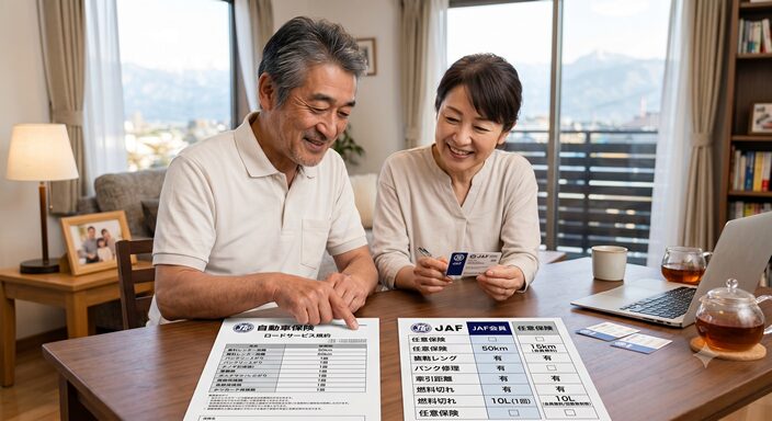 机の上に自動車保険の書類とJAF会員証を並べ、内容を見比べながら考えている夫婦