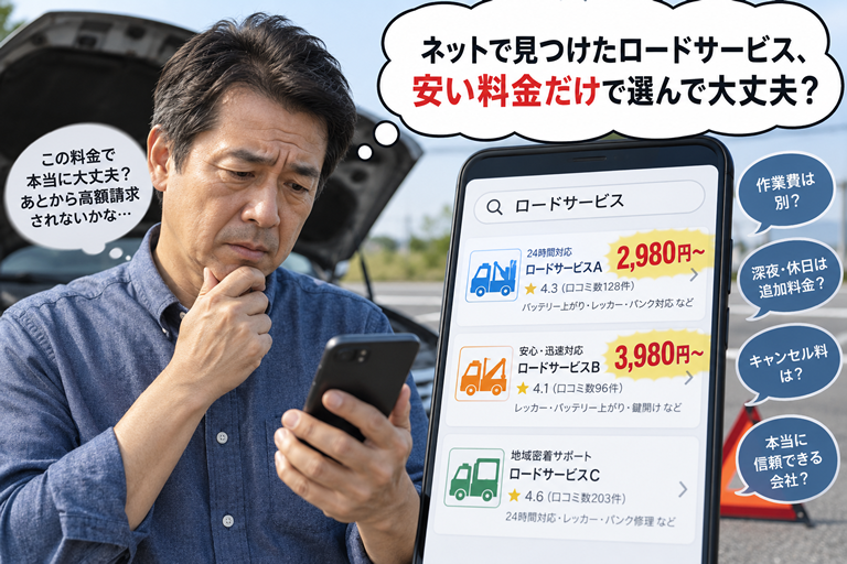 車のトラブルで困っている40〜50代男性が、スマホでロードサービスを検索している