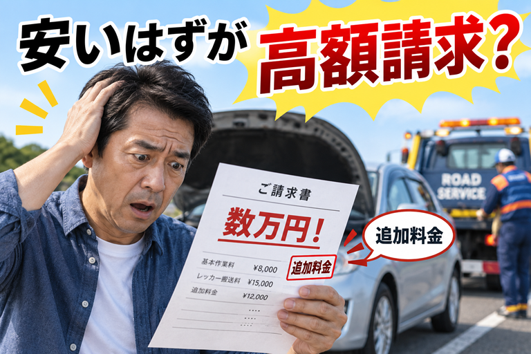 故障した車の横で、請求書を見て驚いている40〜50代男性