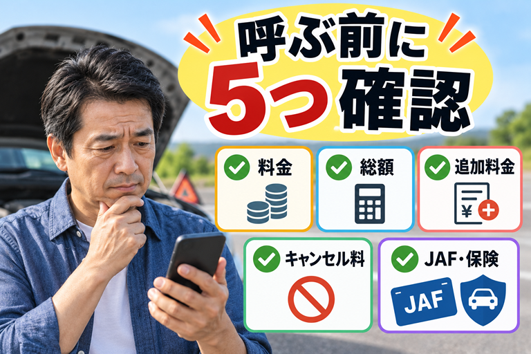 スマホを持った40〜50代男性の横に、5つのチェックマークを配置
