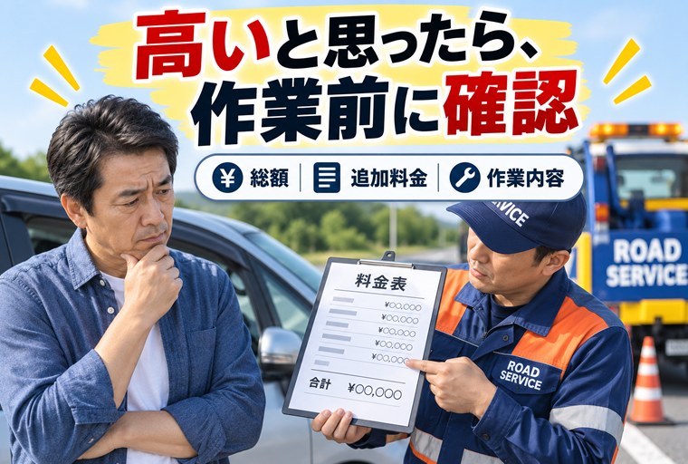 車の横で、ロードサービス業者から料金を提示されている40〜50代男性