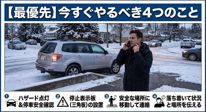住宅街の交差点で車の前輪が縁石に乗り上げて動けなくなっている