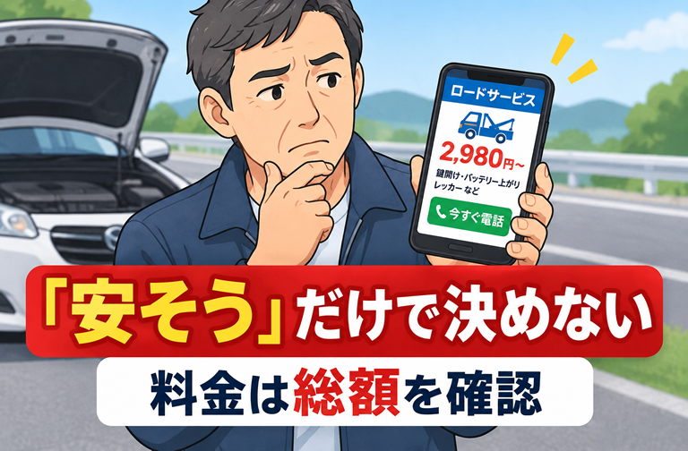 車の横でスマホを見ている40〜50代男性