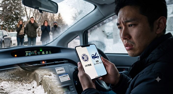 動けなくなった車内でスマートフォンを手に、