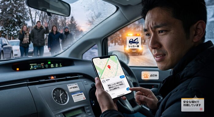 ードサービスの到着を待つ間、車内で落ち着いて待機しながら家族へ現在地を連絡するドライバー