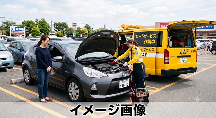駐車場でバッテリー上がりにより動けなくなった乗用車。