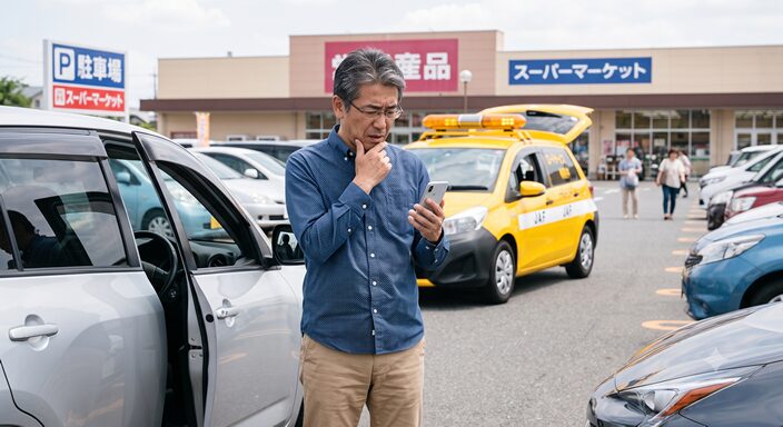日中の駐車場でバッテリー上がりに困り、スマートフォンでJAFへ連絡する40〜50代の男性ドライバー