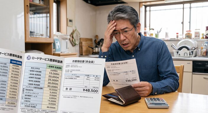 テーブルの上にロードサービスの料金表、電卓、財布、領収書を並べ、「こんなにかかるのか」と驚く40〜50代の男性