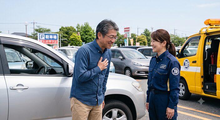JAFロードサービスの作業が完了し、安心した表情でスタッフにお礼を伝える40〜50代の男性ドライバー。