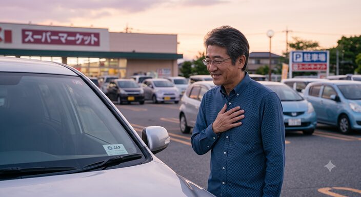 夕暮れの駐車場で無事に帰宅できる安心感を感じながら、自分の車を見つめる40〜50代の男性