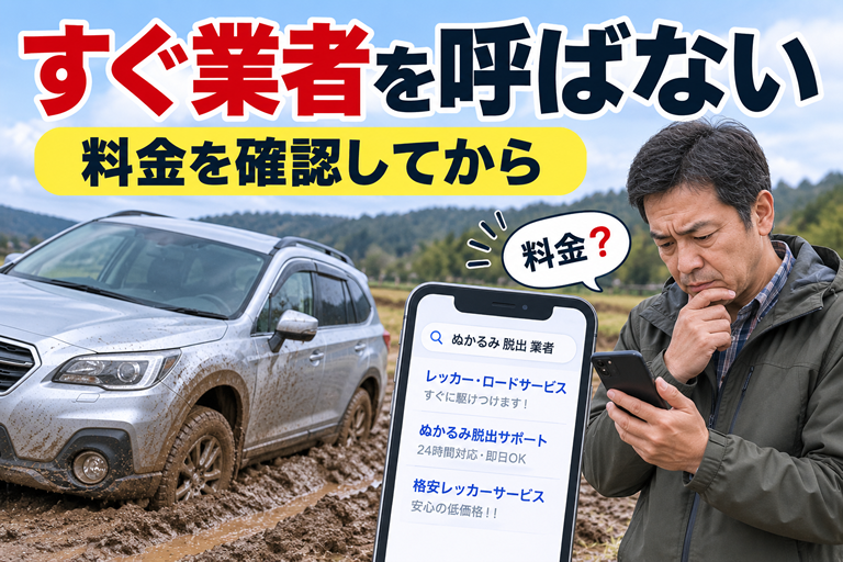 ぬかるみにはまった車の横で、40〜50代の男性がスマホの検索画面を見て迷っている