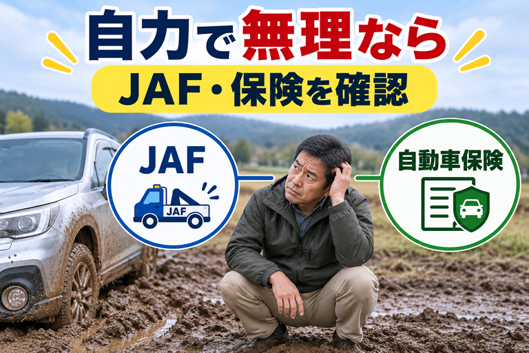 ぬかるみにはまった車と、困っている40〜50代の男性