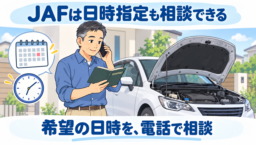 自宅の駐車場で、男性が予定帳を見ながら電話をしています