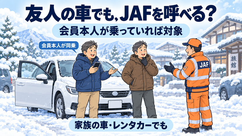 雪のある旅行先の駐車場で、友人の車が動かなくなっている